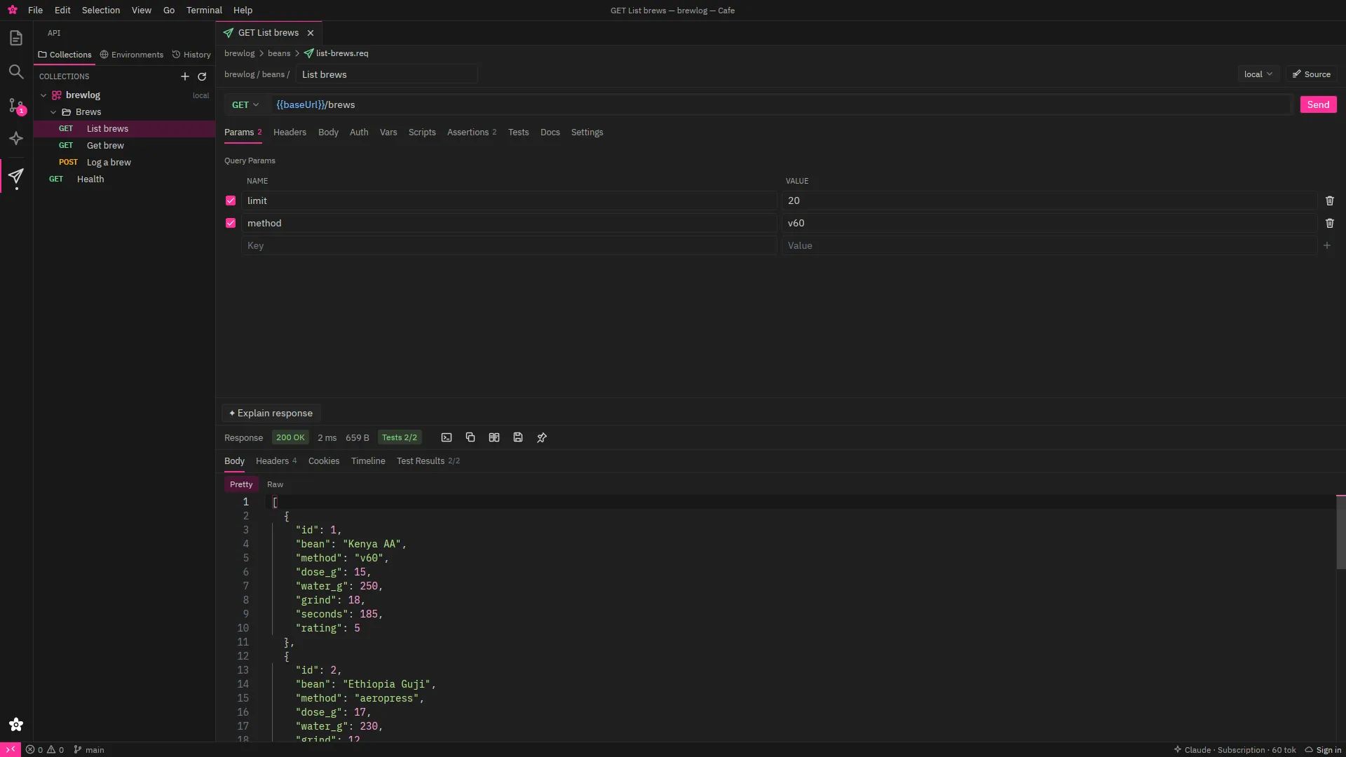 Cafe's API client: a request collection on the left, a GET request with its passing tests and JSON response