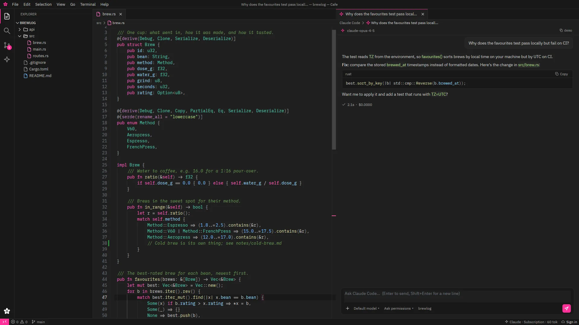 Cafe's code editor with a Rust project open, the file tree on the left and a Claude chat beside the code