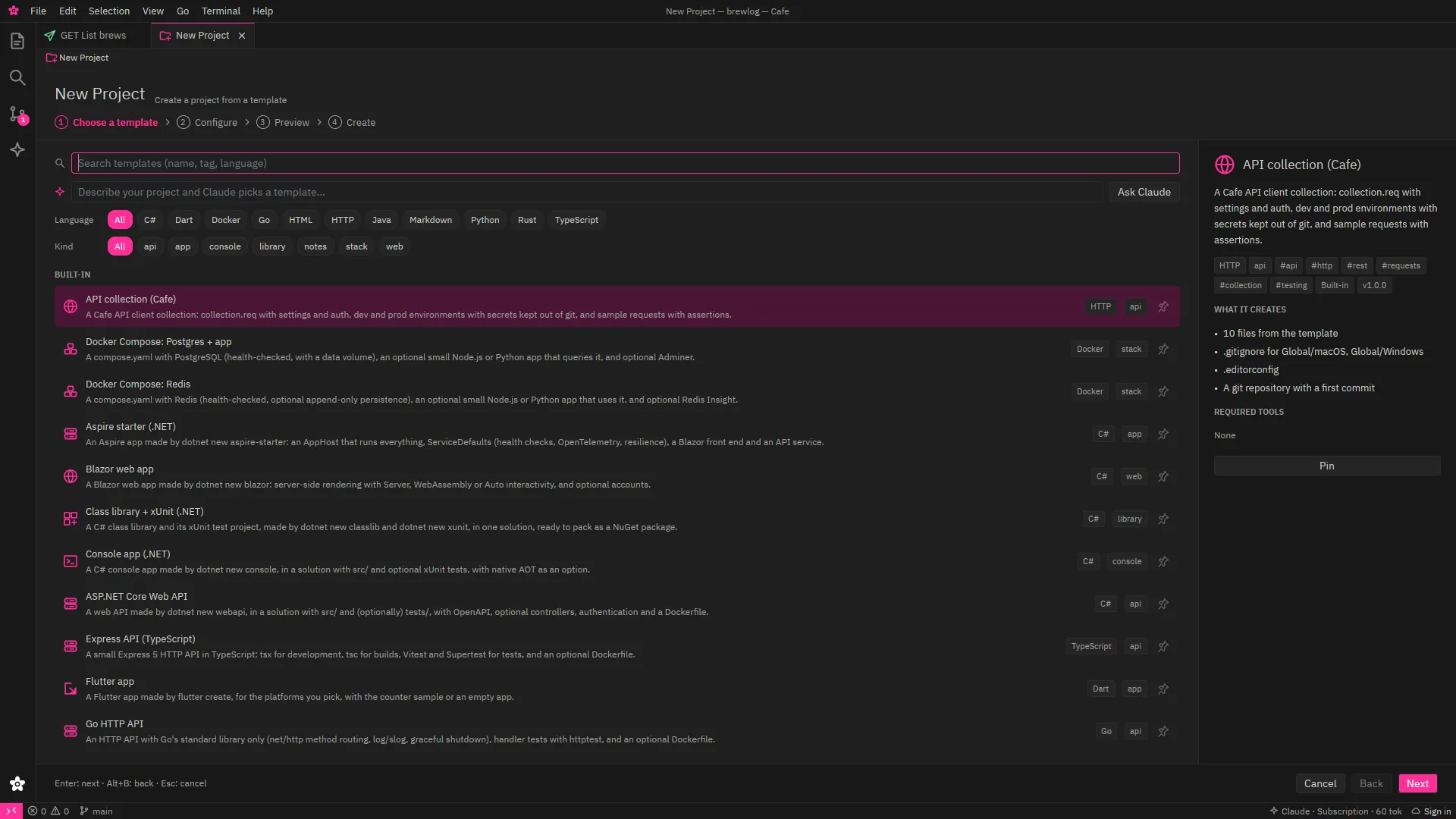 The New Project wizard: search, filters and the built-in templates, with details of the selected one
